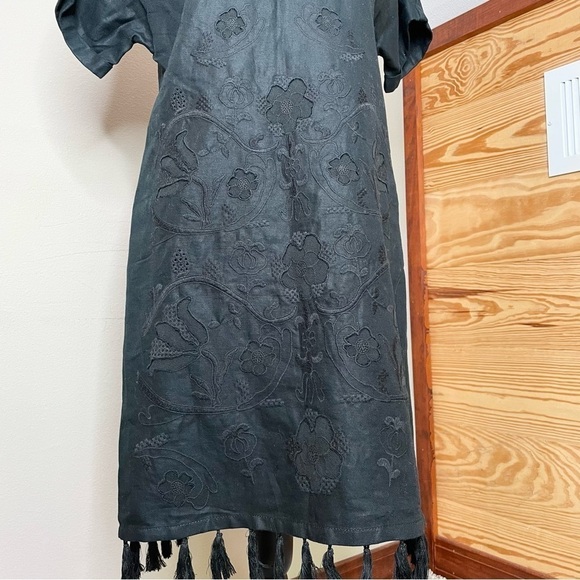 Madewell Black Linen Blend Embroidered Floral Tassel Shift Dress Extra Small - Picture 6 of 10